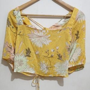 H&M Yellow Floral Open Back Puff Sleeve Square Neck Blouse